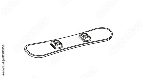 Line art illustration of a snowboard with bindings, depicted in a minimalist style on a white background, ready for winter sports.