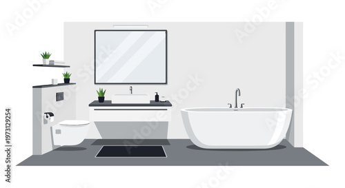 Contemporary minimalist bathroom design featuring a sleek bathtub, vanity with sink, and toilet in a clean, modern aesthetic with potted plants for