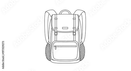 Line art illustration of a modern backpack with multiple pockets and adjustable straps, suitable for travel or daily use.