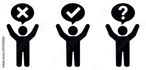Simple icon people set featuring x mark, checkmark, and question mark symbols in speech bubbles for feedback and decision making