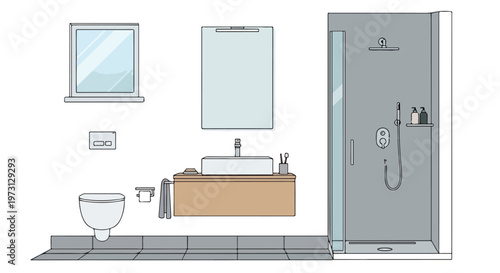 Modern Bathroom Interior Design Illustration with Shower, Vanity, and Toilet - Clean and Minimalist Aesthetic
