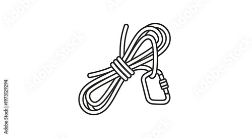 A simple line art illustration of a coiled rope with a carabiner attached, often used for climbing or outdoor activities.