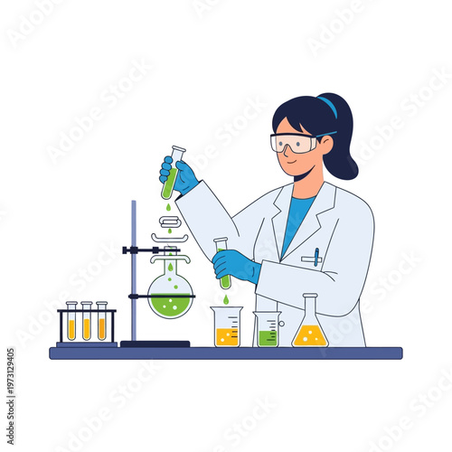 Female scientist conducting experiment with green liquid in laboratory