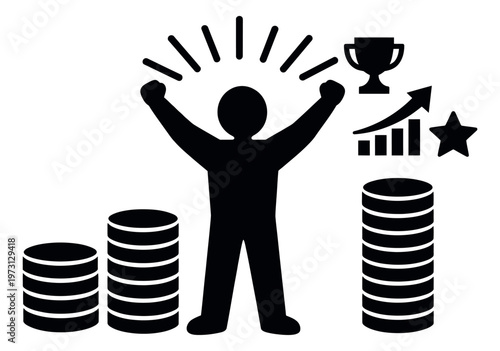 Stylized icon set featuring a triumphant person, coin stacks, a trophy, a rising bar chart, and a star for business success and financial achievement