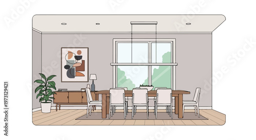 Modern Dining Room Sketch with Natural Light and Abstract Artwork