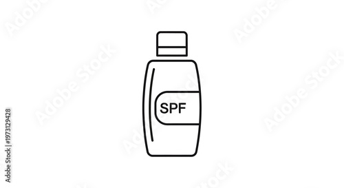 Line art icon of a sunscreen bottle with SPF label, representing sun protection and skincare.