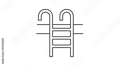 Simple line art illustration of a swimming pool ladder with two handrails and three steps, partially submerged in water.
