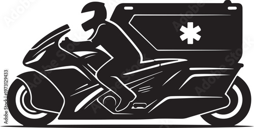 Black ambulance motorcycle vector icon, emergency medical transport, paramedic bike silhouette, medical rescue vehicle