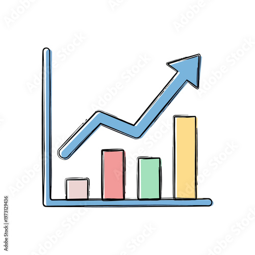 Hand-drawn bar chart with upward trending arrow, representing growth and success
