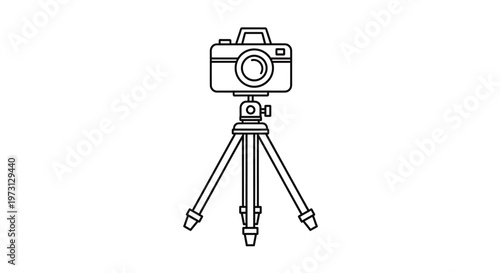 Simple line art illustration depicting a classic camera mounted on a sturdy tripod, ready for capturing images.