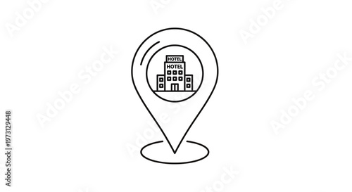 Line art illustration of a hotel building inside a map pointer icon, representing location and travel destination.