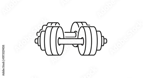 Simple line art illustration of a single dumbbell, a common piece of fitness equipment used for strength training and physical exercise.