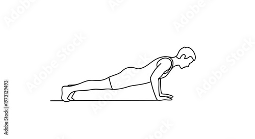 A line drawing illustrating a person performing the lowered phase of a push-up exercise, demonstrating proper form for fitness training.