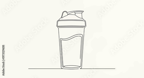 A single continuous line art illustration of a clear protein shaker bottle with liquid inside, depicted on a plain light background.