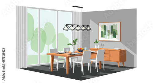 Modern Dining Room with Large Windows and Abstract Art