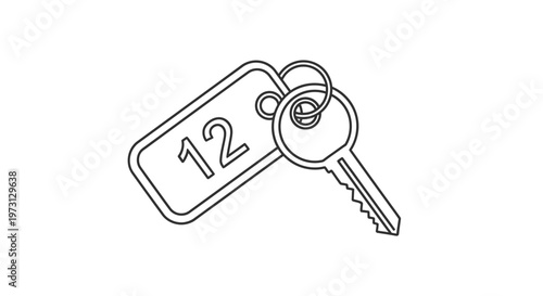 Line art drawing of a single metal key with a rectangular key tag numbered 12, attached to a key ring.