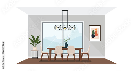 Modern dining room interior design with large window and abstract art for elegant home decor and comfortable living space aesthetic