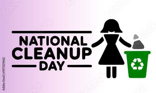 National Cleanup Day banner with a black silhouette of a woman disposing trash in a recycling bin on a soft pink gradient background, perfect for environmental awareness
