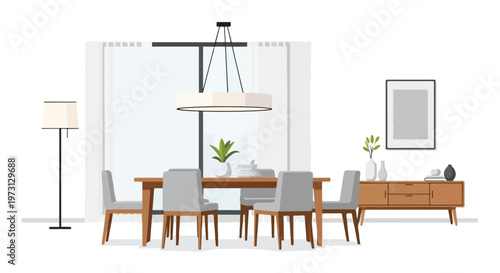 Modern minimalist dining room interior with wooden table grey chairs contemporary chandelier and floor lamp creating a cozy and stylish ambiance