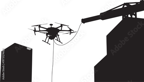 Drone, industrial drone, silhouette, black drone, construction site, building, vector