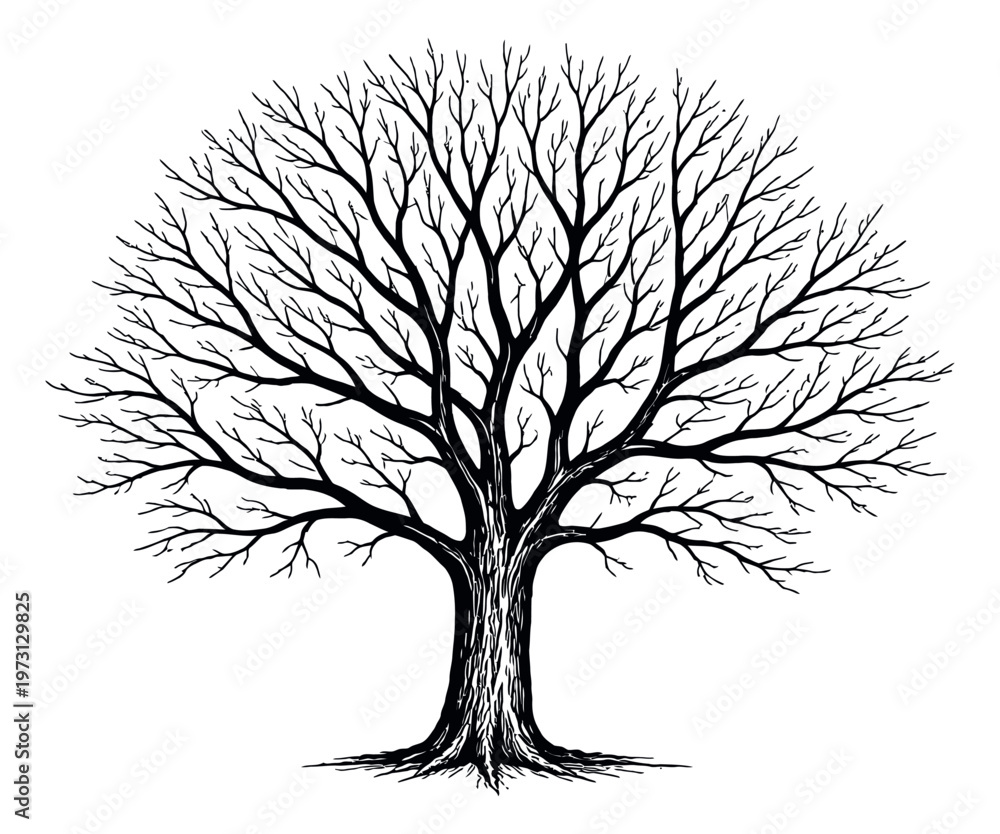 Obraz premium Hand drawn illustration of a bare tree depicting leafless branches for natural designs