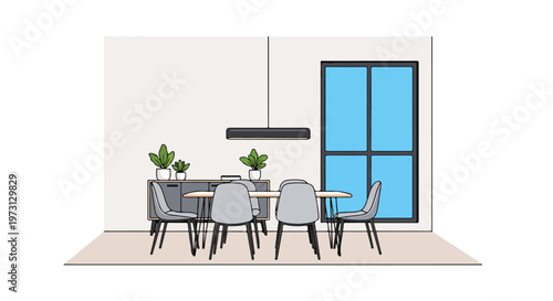 Modern minimalist dining room interior design with sleek furniture and a large window providing natural light and a vibrant blue view.