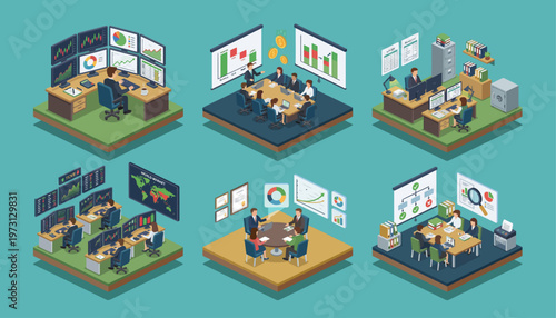 Isometric Business Concepts Collection with Data Analysis, Financial Strategy, and Team Collaboration in Modern Office Environments