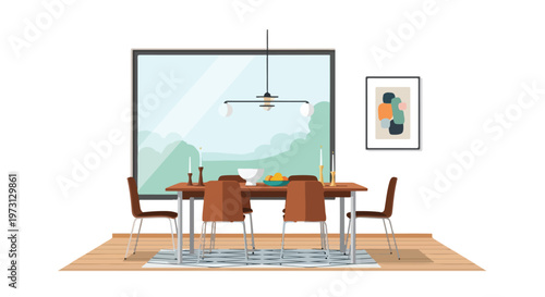 Modern Dining Room With Abstract Art and Scenic Window View