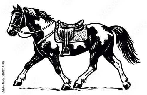 Line art illustration of a saddled horse depicting a trotting gait for equestrian design