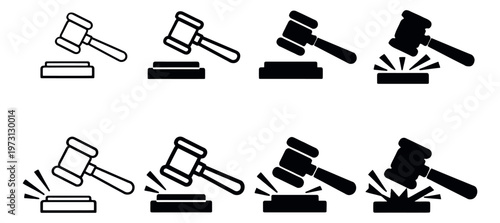 Outline and solid gavel icon set featuring gavels and sound blocks for legal proceedings and auction judgments