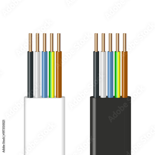 Vector illustration of multi-core electrical cables with colored insulated wires and copper conductors, shown in black and white outer jackets.