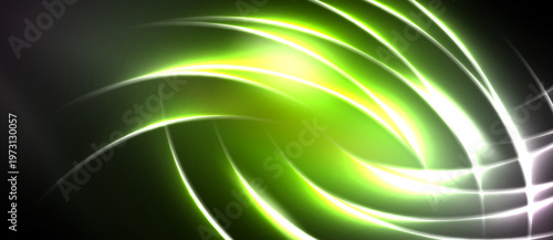 Bright green lines swirl against dark background. Light radiates from center, creating dynamic abstract design. Smooth curves suggest movement.