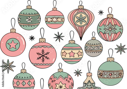Cute Christmas ornament collection with pastel-colored baubles featuring stars, snowflakes, and floral patterns vector set