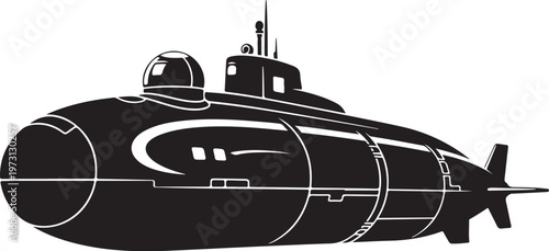 Black submarine vector, military submarine icon, naval vessel illustration, black and white graphic