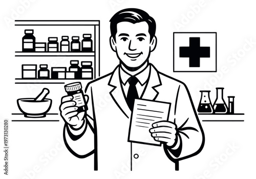 Hand drawn line art illustration of a smiling pharmacist depicting prescription service for healthcare and medicine