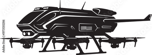 Futuristic drone, black helicopter, vector aircraft, modern quadcopter design