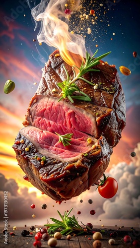 A juicy, cooked steak slice levitates amidst a colorful spice medley against a dreamy sunset and cloud background. Rosemary sprigs embellish