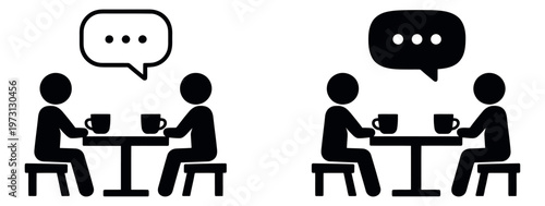 Line art and silhouette communication icon set featuring two people conversing over coffee for social interaction