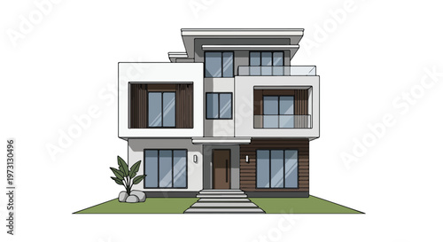 Modern Architectural Design Rendering of a Sleek Multi-Story Residential Home with Large Windows and Clean Lines on a White Background