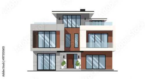 Modern three-story residential building with a striking architectural design and abundant glass facades