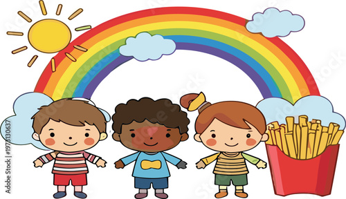 Cute kids with rainbow, sun, and French fries vector illustration set with cheerful and colorful design elements