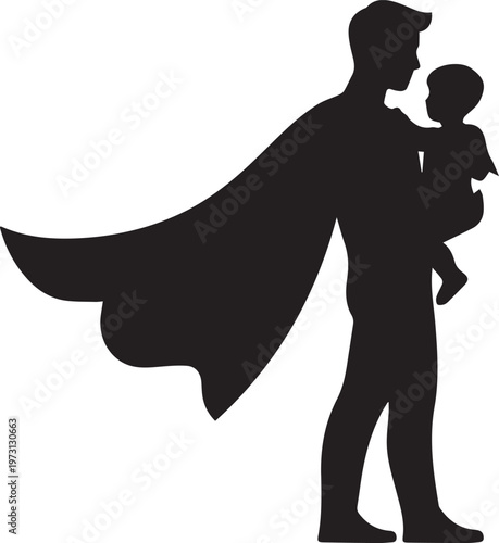 Superhero Father holding Baby Son silhouette isolated on white background