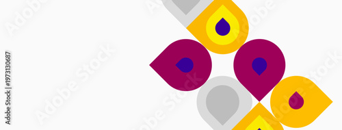Abstract graphic design features colorful droplet shapes. Purple, gold, gray elements create modern visual impact. Simple composition.