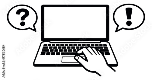 Hand drawn line art illustration of a laptop with a hand and speech bubbles depicting questions and answers for online support