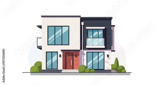 Modern geometric duplex residence with sleek lines and large windows, featuring clean architectural design and minimalist landscaping elements