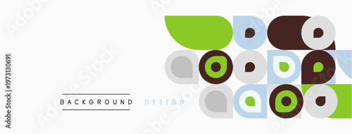 Abstract circles, rectangles create modern background. Light colors dominate design, offering simple aesthetic. Minimalist pattern suitable various uses.