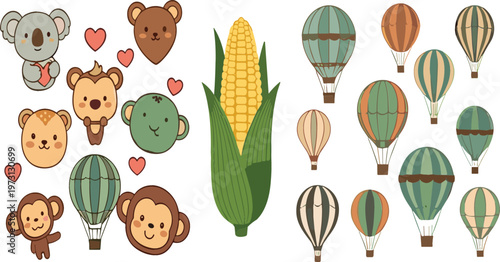 Cute monkey faces hot air balloons and corn vector collection set with cartoon animals and flying balloons illustration isolated on white background