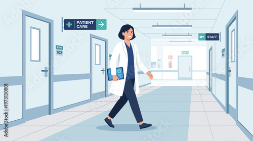 A professional doctor confidently walks down a brightly lit hospital corridor, symbolizing dedication and readiness for patient care. This Flat Design depicts the bustling life of a medical facility.