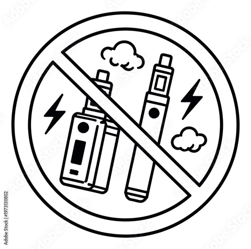 Hand drawn line art illustration of vaping prohibition sign depicting forbidden electronic cigarettes and vapor for public health awareness and safety
