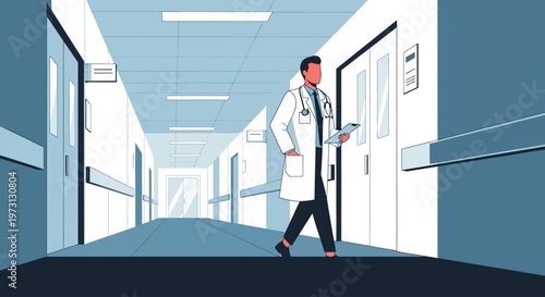 A professional doctor confidently walks down a brightly lit hospital corridor, symbolizing dedication and readiness for patient care. This Flat Design depicts the bustling life of a medical facility.